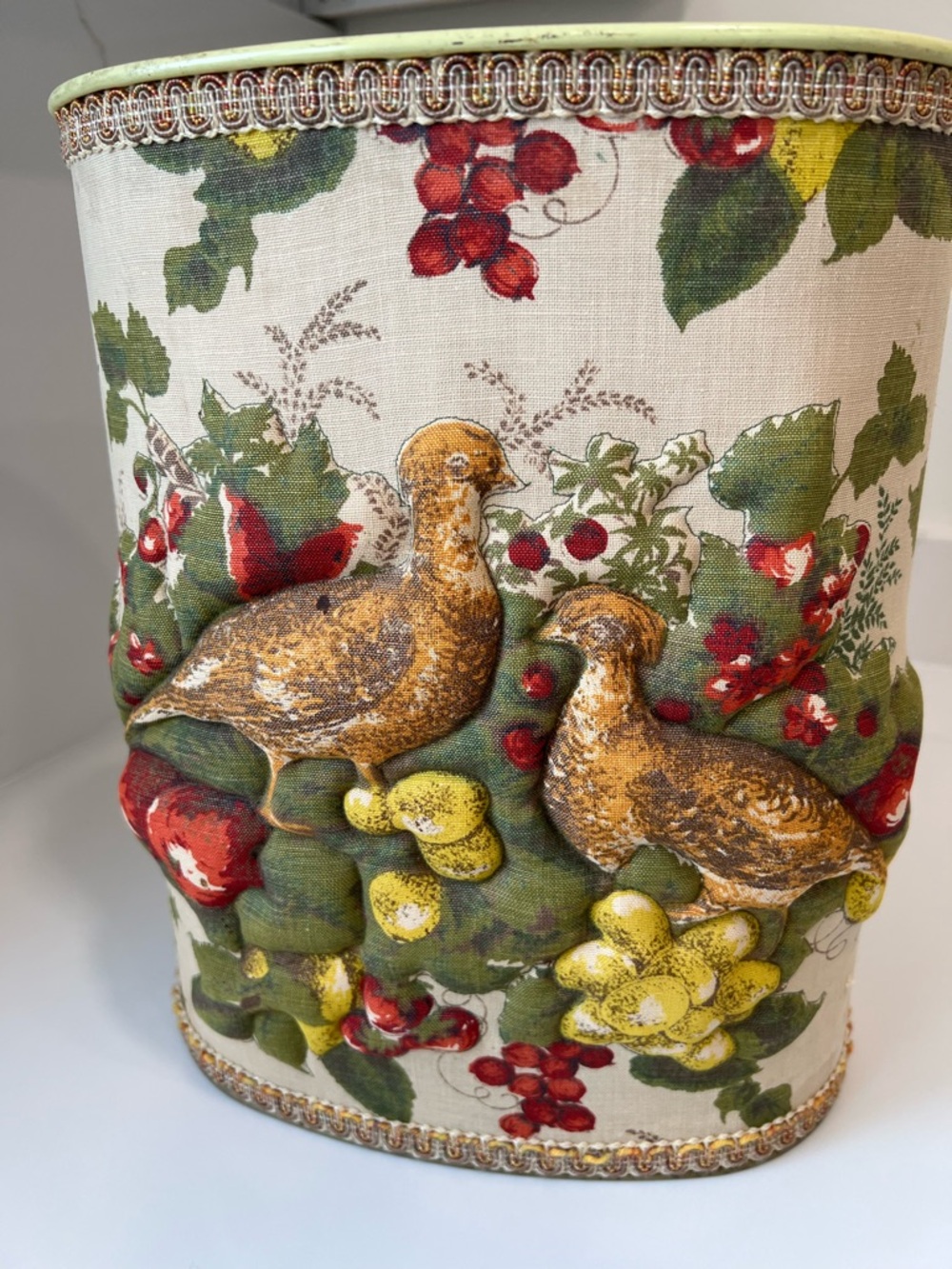 Vintage 1970s JL Clark Padded Fabric Watebasket- Birds & Floral Cottagecore